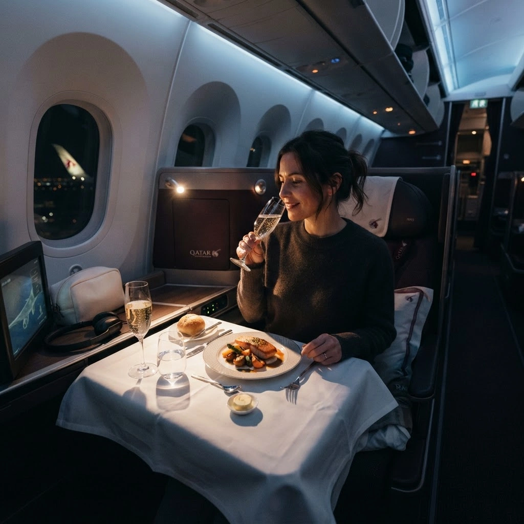 Business class dining with champagne on an overnight flight